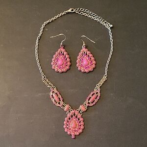 Vintage Bohemian Pink & Gold-tone Necklace & Earrings Set, Beads & Crystals